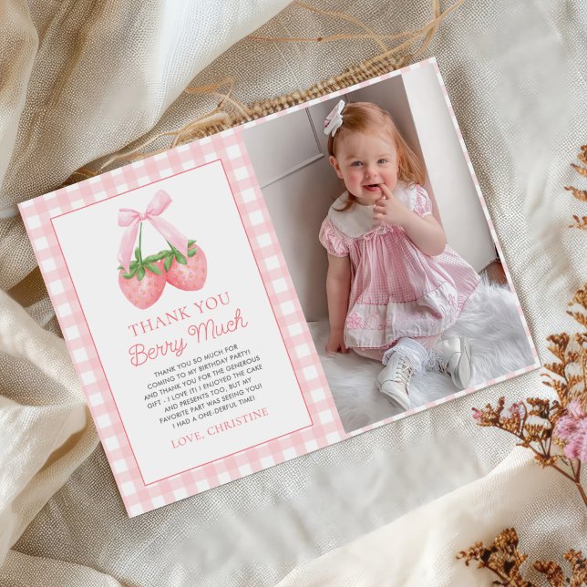 Berry First Strawberry Pink Bow 1st Birthday Photo Thank You Card (Creator Uploaded)