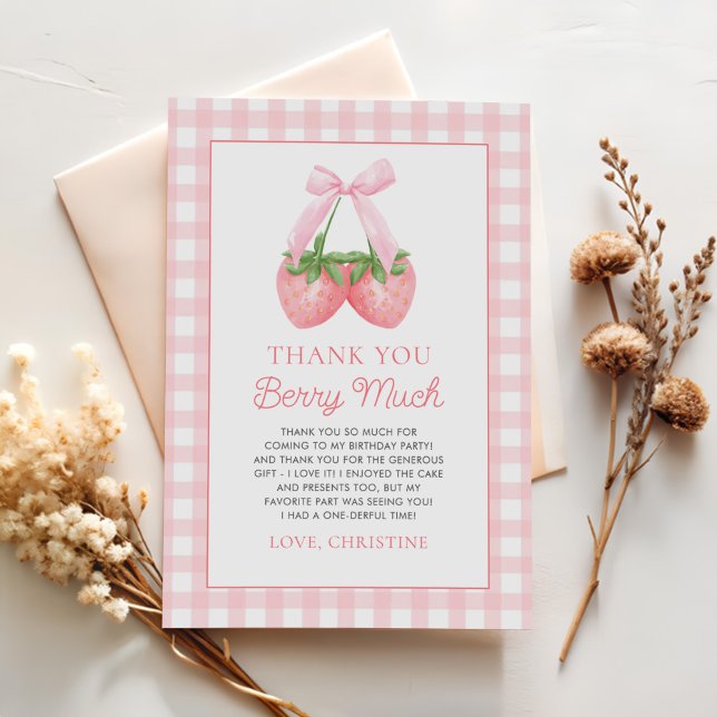 Berry First Strawberry Pink Bow 1st Birthday Thank You Card (Creator Uploaded)