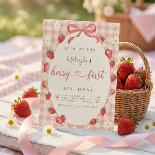 Berry First Strawberry Pink Gingham 1st Birthday Invitation