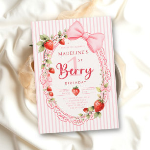 Berry First Strawberry Stripes Lace 1st Birthday Invitation