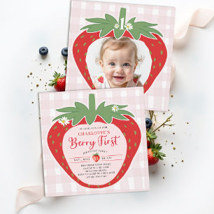 Berry First Strawberry Sweet Photo 1st Birthday Invitation
