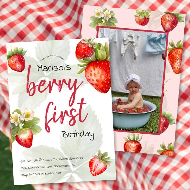Berry First Watercolor Strawberry 1st Birthday Invitation (Creator Uploaded)