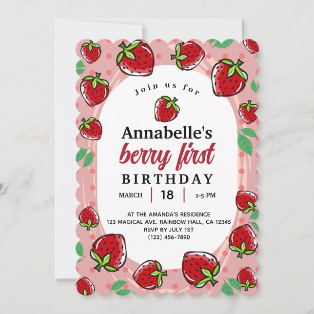 berry frist strawberry first birthday girls party invitation (Front)