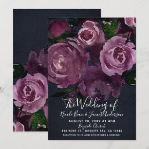 Berry Fuchsia Roses Dark Floral Glam Wedding Invitation