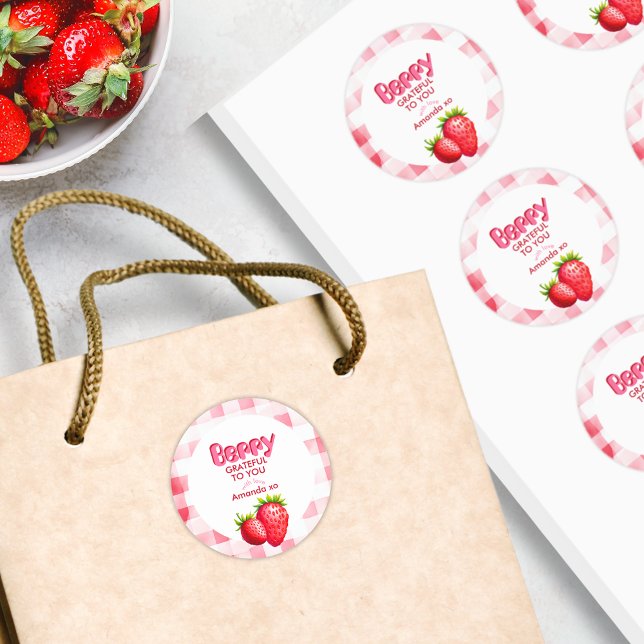 Berry Grateful Bride Tribe Strawberry Picnic Thank Classic Round Sticker (Berry Grateful Thank You Round Stickers for Bachelorette Hen Party Favor Gift Strawberry Picnic Chic)