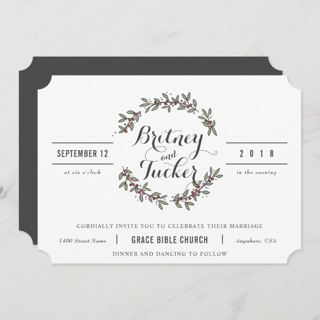 Berry Green Laurel Vintage Wedding Invitation (Front/Back)