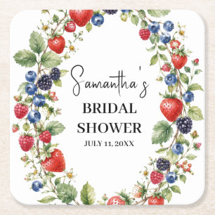 Berry in Love Berries Strawberry Bridal Shower Square Paper Coaster
