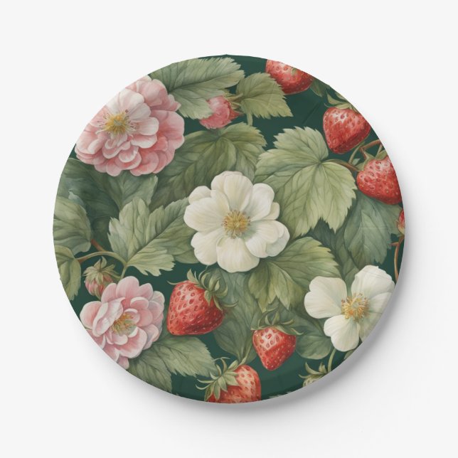  "Berry in Love" Flowers and Strawberry Paper Plate (Front)