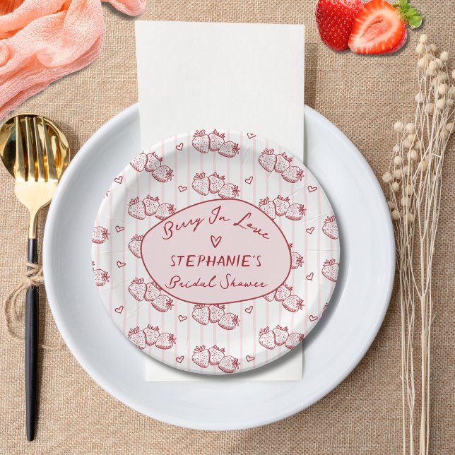 Berry In Love Pink Red Strawberry Bridal Shower Paper Plate (Creator Uploaded)