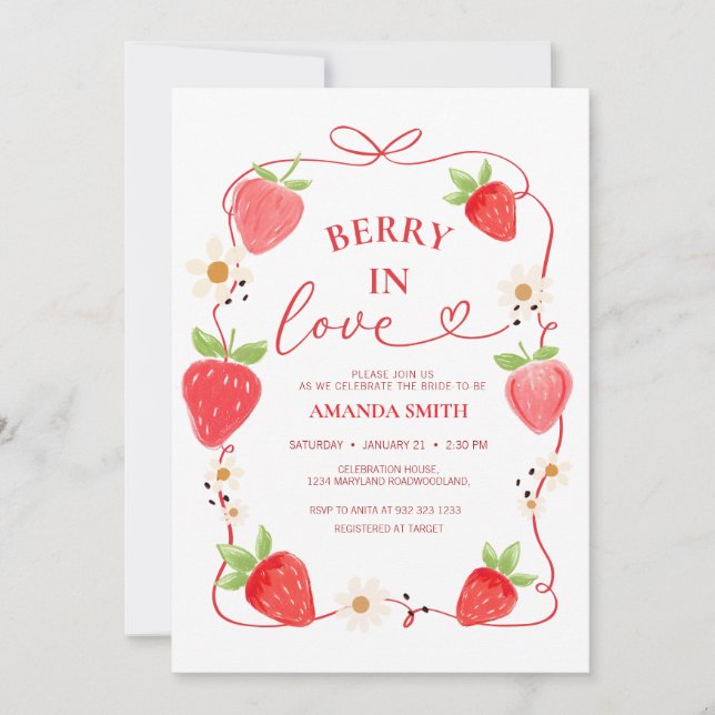  Berry In Love Red Bow Bridal Shower Invitation (Front)