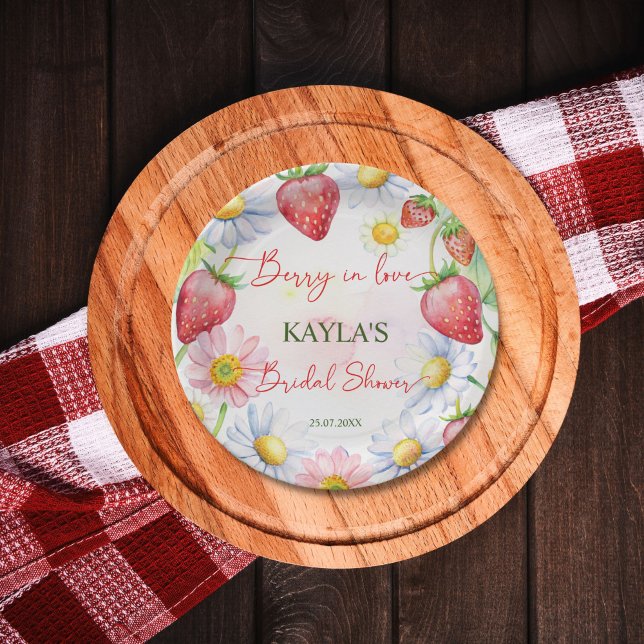 Berry in love strawberry bridal shower printed paper plate (Berry in love summer daisies garden strawberry bridal shower printed paper plates personalized decor)