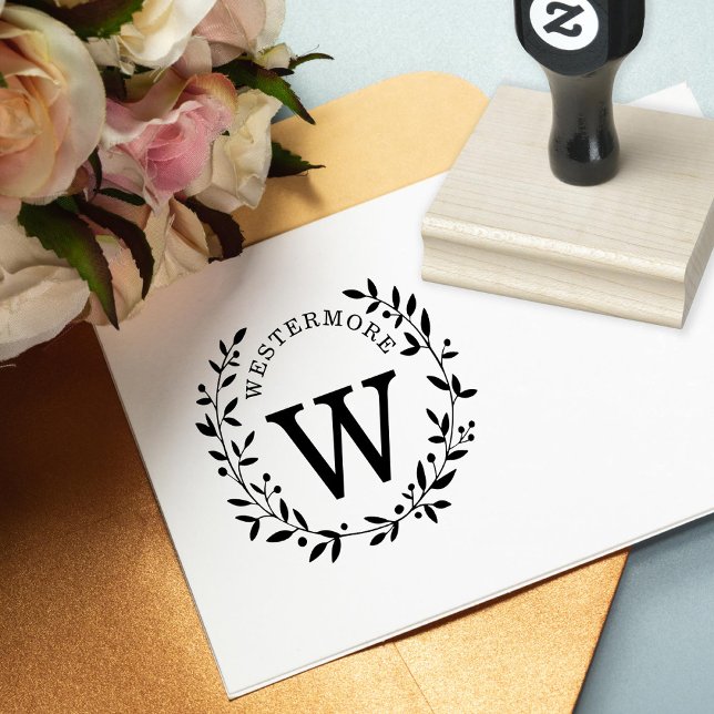 Berry Laurel Wreath Wedding Monogram Rubber Stamp (Creator Uploaded)