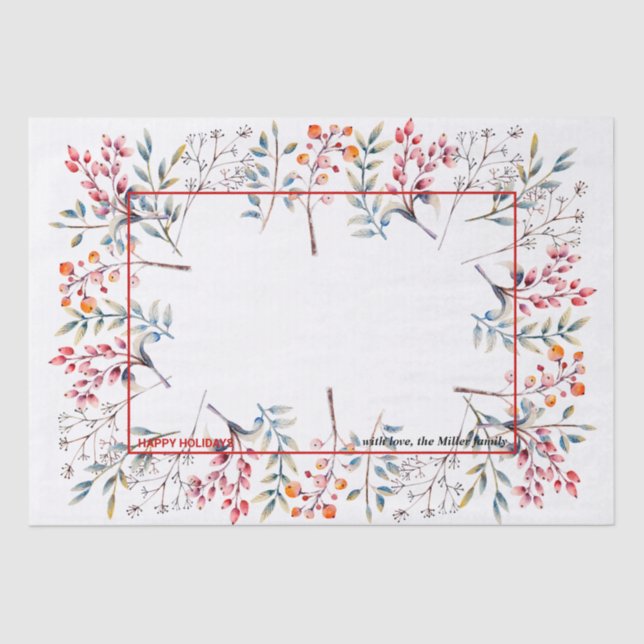 Berry, leaf red Happy Holidays Christmas photo Tissue Paper (Front)