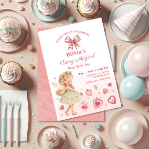 Berry Magical Fairy Girl Strawberry 1st Birthday  Invitation