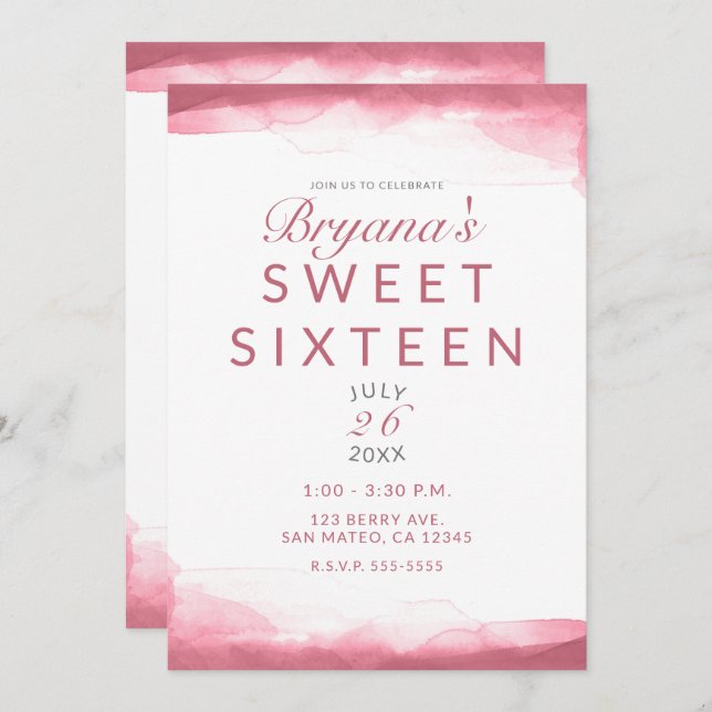 Berry Mauve Pink Watercolor Modern Sweet 16 Invitation (Front/Back)