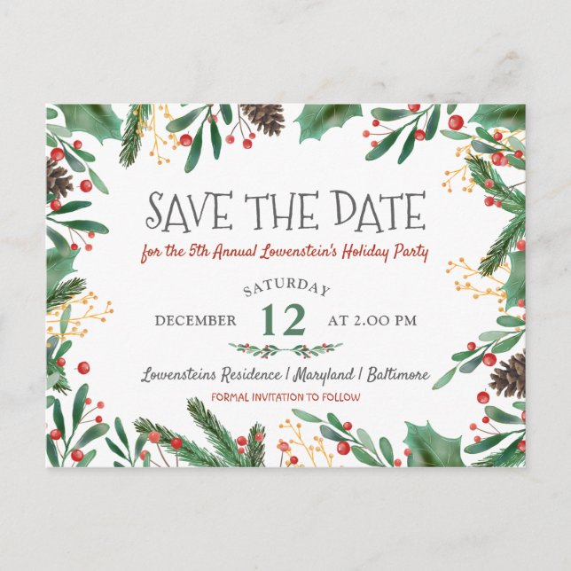 Berry Merry Christmas Holiday Party  Save The Date Announcement Postcard (Front)