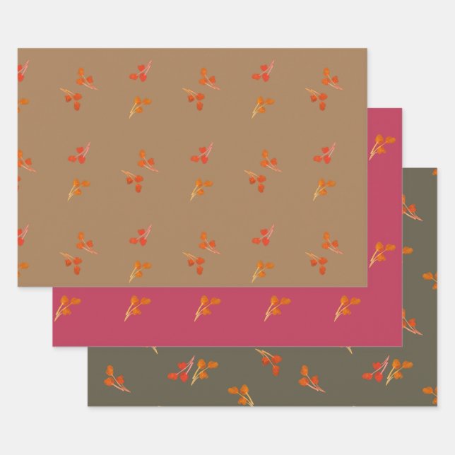 Berry Pattern Olive Green Magenta Brown Wrapping Paper Sheet (Set)