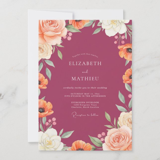 Berry Peach Poppy Wedding Invitation (Front)