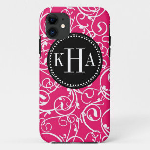 Berry Pink & Black Damask Custom Monogram Pattern Case-Mate iPhone Case