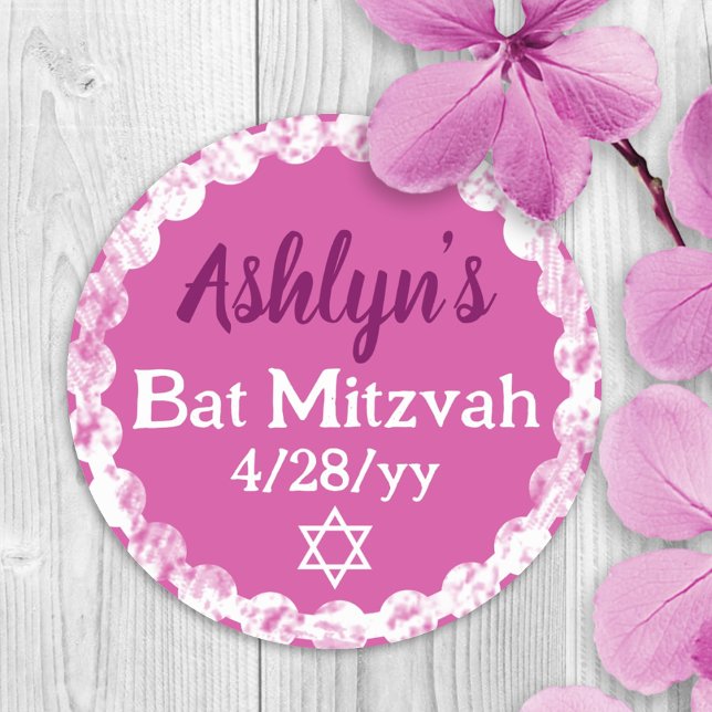 Berry Pink Personalised Bat Mitzvah Party Favour Classic Round Sticker (pink violet, berry personalized bat mitzvah party favor sticker or invitation envelope seal, label)