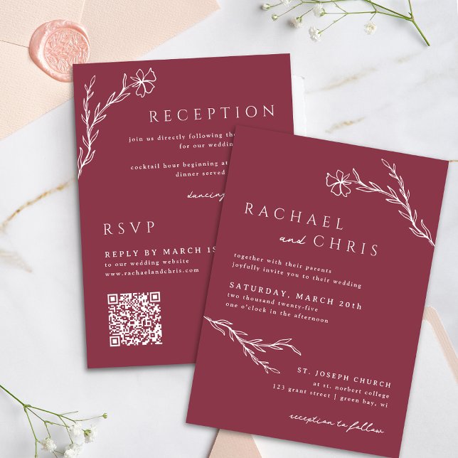 Berry Pink Red Simple Botanical Floral QR Code Invitation (Creator Uploaded)