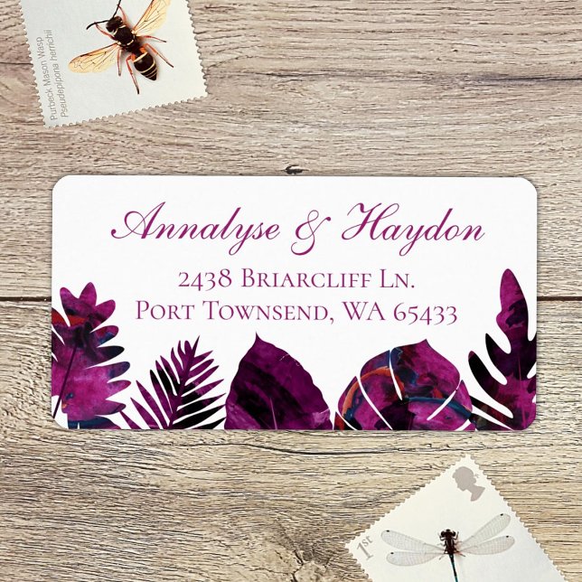 Berry Pink Tropical Leaves Wedding Address Label (tropical wild berry pink, magenta island palm leaves, monstera, ferns address labels for rsvp cards)