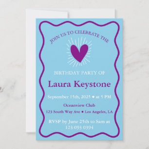 Berry Purple and Sky Blue Retro Wavy  Invitation