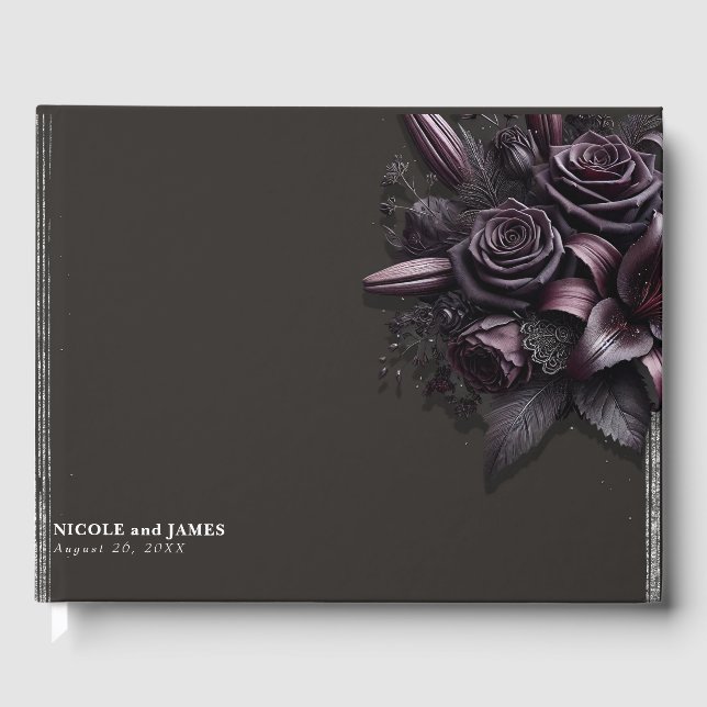 Berry Purple & Black Lily Rose Floral Wedding Guest Book (Front)