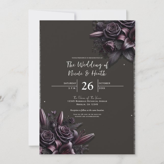 Berry Purple & Black Lily Rose Floral Wedding Invitation (Front)