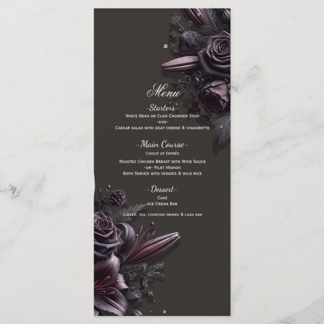 Berry Purple Black Lily Rose Floral Wedding Menu (Front)