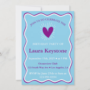 Berry Purple, Sky Blue & White Retro Wavy Invitation
