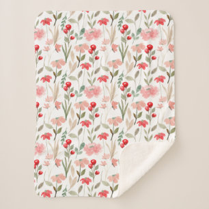 Berry Red Blush Pink Floral Pattern Sherpa Blanket