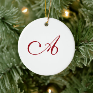 Berry Red Elegant Script Monogram Christmas  Ceramic Tree Decoration