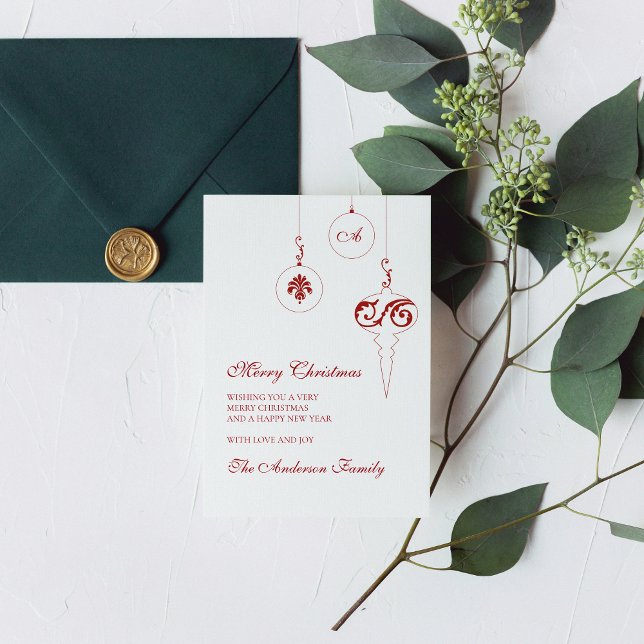  Berry Red Monogram Christmas Bauble Photo Holiday Card (Creator Uploaded)