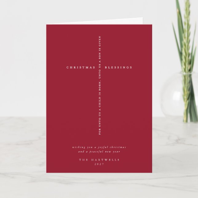 Berry Red Scripture Cross Christmas/Holiday Card (Front)