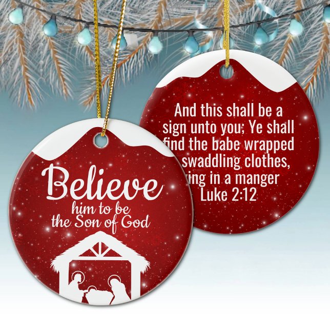 Berry Red Sparkle Winter Wonderland Worship ⛪️ 🎄 Ceramic Tree Decoration (nativity scene bible verse design snowfall background
religious holiday decor
customizable luke 2 12)