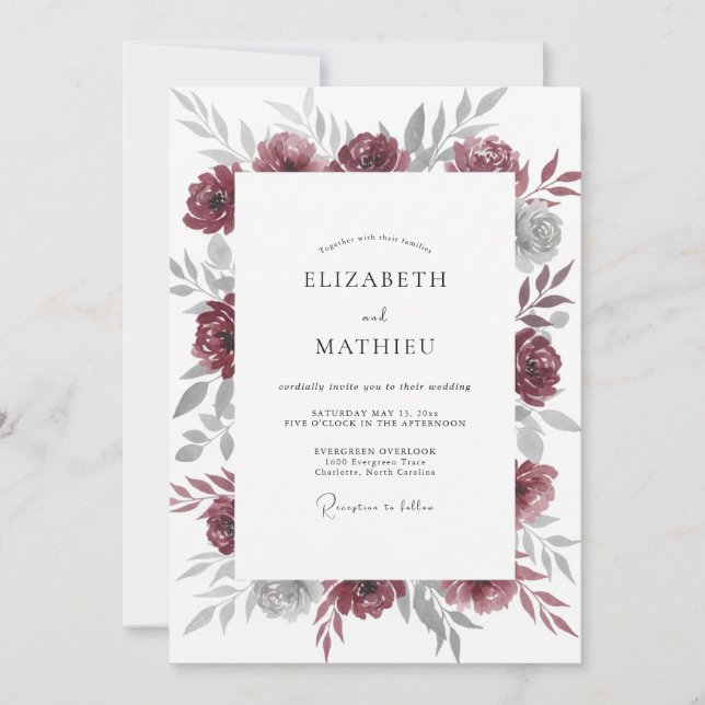 Berry Silver Peony Wedding Invitation (Front)