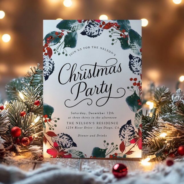 Berry Snow Leaf Christmas Wreath Script Foil Invitation (Creator Uploaded)