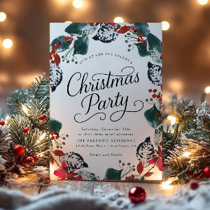 Berry Snow Leaf Christmas Wreath Script Invitation