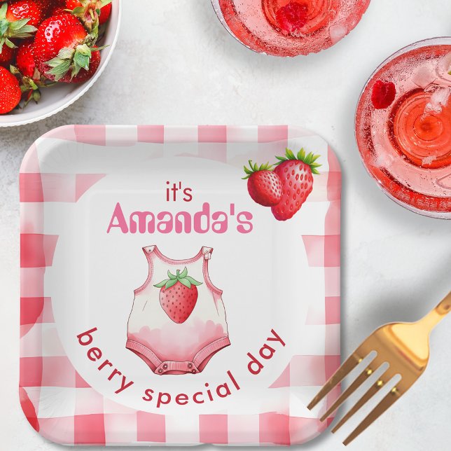 Berry Special Baby Shower Gingham Strawberry Party Paper Plate (its mother-to-bes berry special baby shower party strawberry gingham pink red checked mom mum berry)