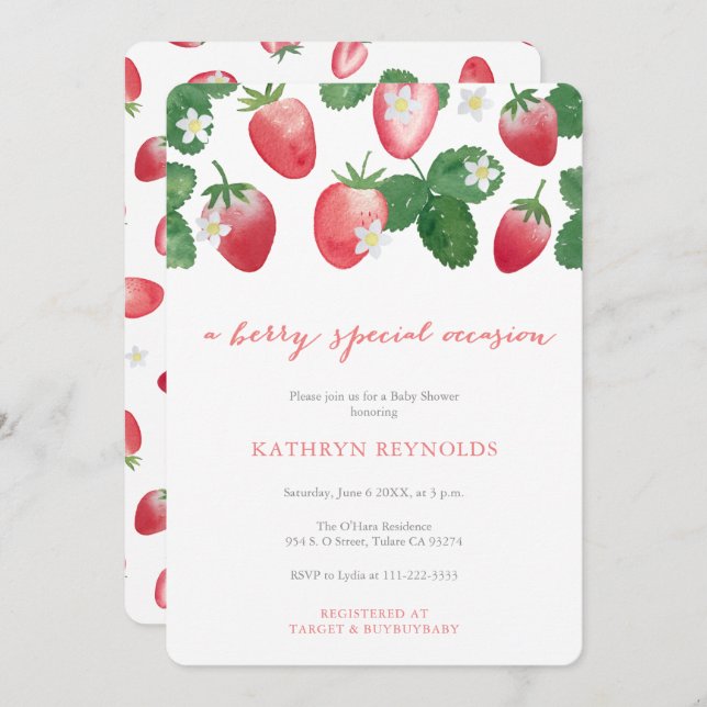 Berry Special Occasion Strawberry Baby Shower Invitation (Front/Back)