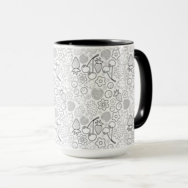 Berry Strawberry Cherry Black Hand drawn Modern. Mug (Front Right)