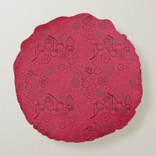 Berry Strawberry Cherry Black Hand drawn Modern. Round Cushion