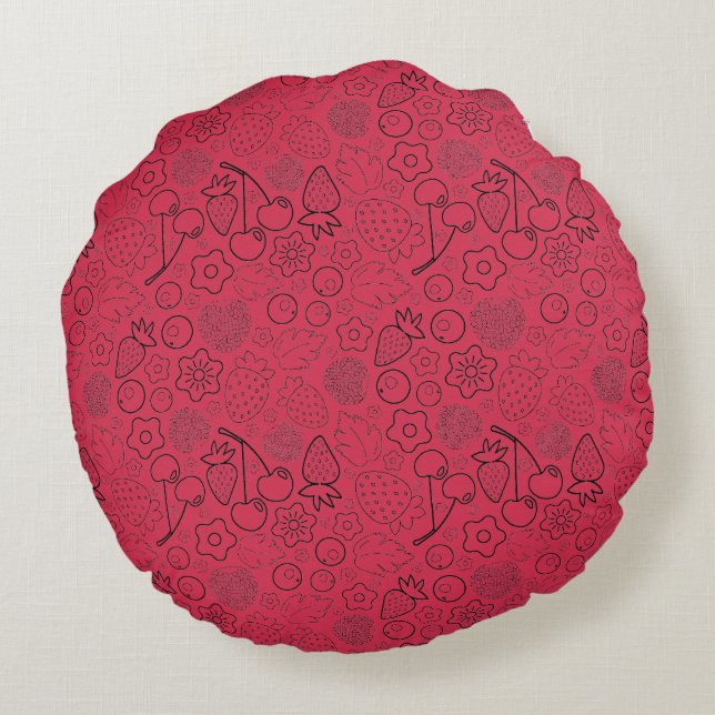 Berry Strawberry Cherry Black Hand drawn Modern. Round Cushion (Back)