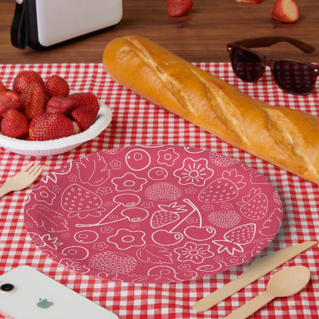 Berry Strawberry Cherry White Hand drawn Modern. Paper Plate (Picnic)