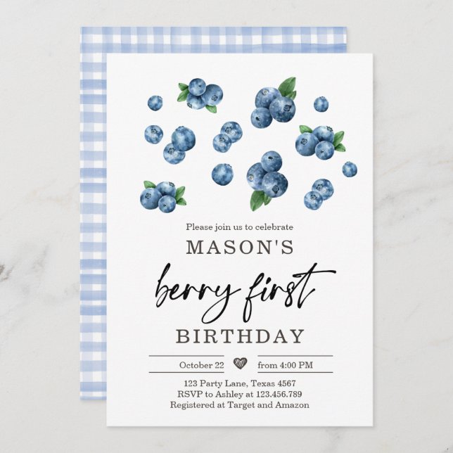 Berry Sweet 1st Birthday Boy Blueberry Invite (Front/Back)