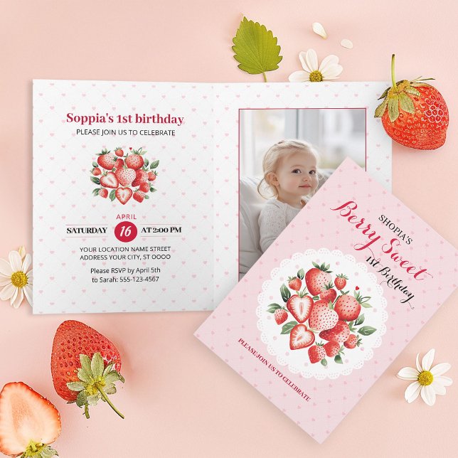 Berry Sweet 1st Birthday folded Invitation (Creator Uploaded)