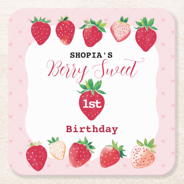 Berry Sweet 1st Birthday Square Paper Coaster (Front)