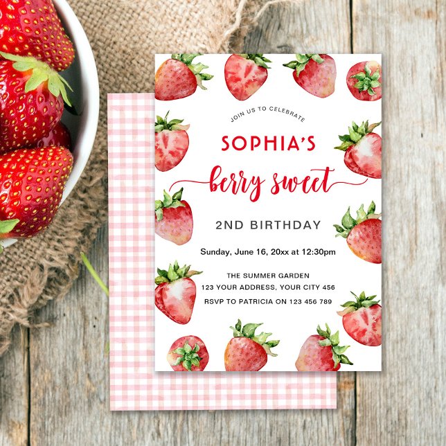 Berry Sweet 2nd Strawberry Birthday Invitation (Creator Uploaded)