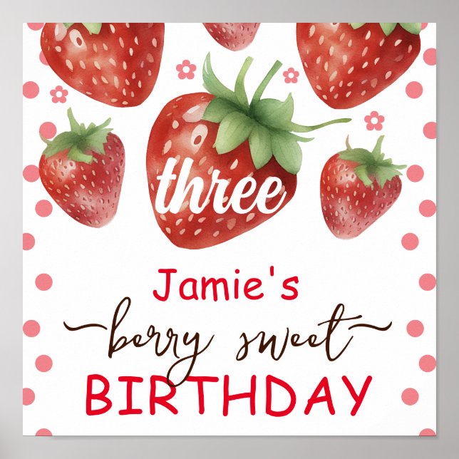 Berry Sweet 3rd Birthday Watercolor  Poster (Front)